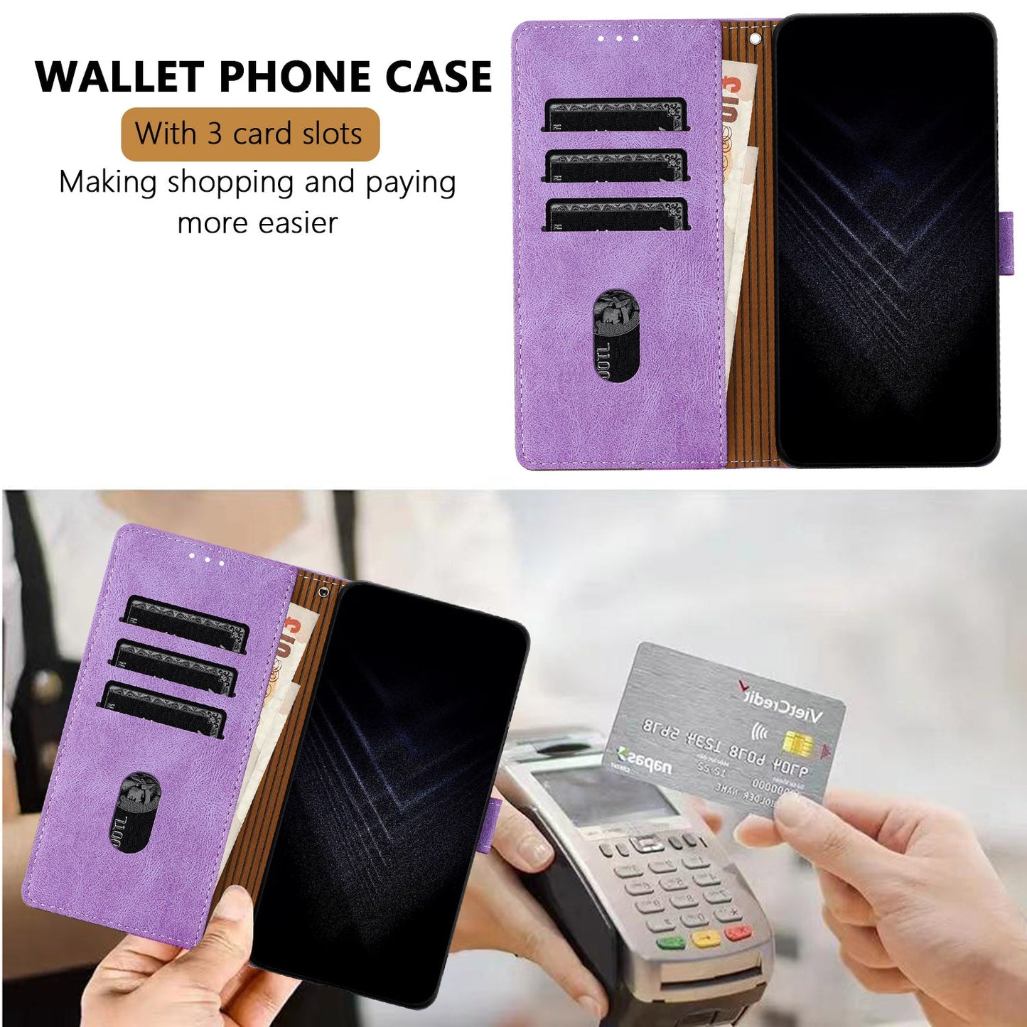 For Oppo Reno13 F 5G Leather Case Triangle Patchwork Wallet Stand Shockproof Phone Cover - Purple
