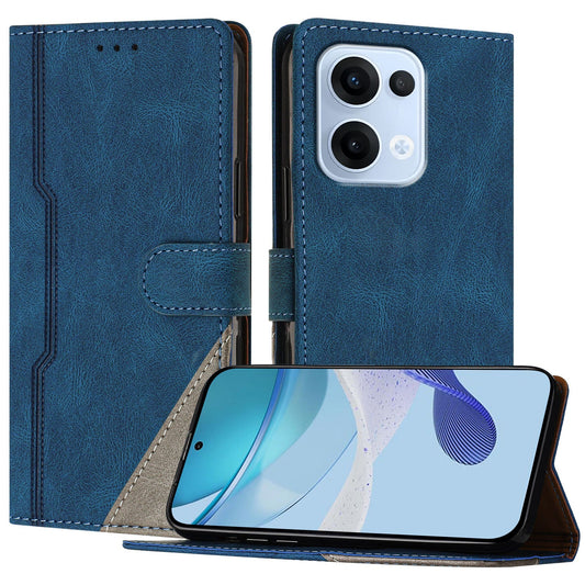 For Oppo Reno13 5G (Global) Leather Case Triangle Patchwork Wallet Stand Shockproof Phone Cover - Blue
