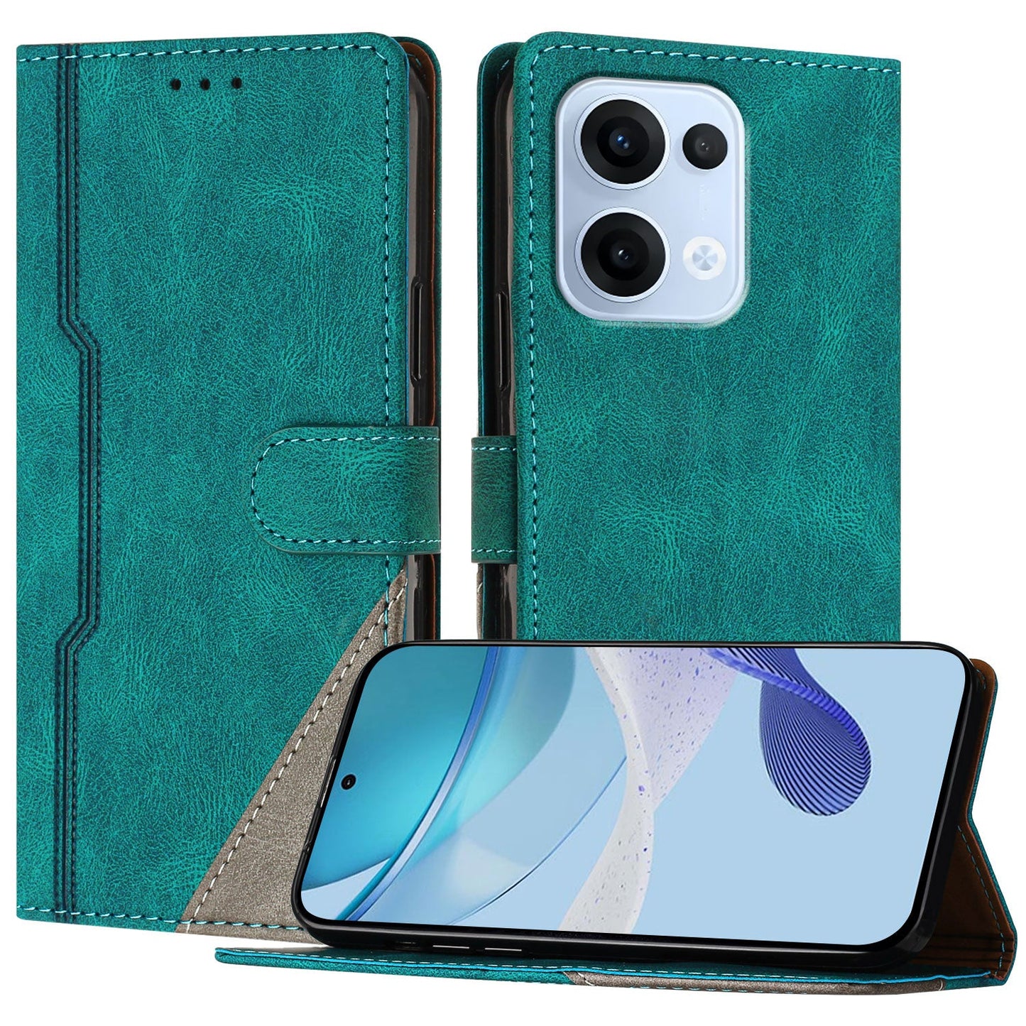 For Oppo Reno13 5G (Global) Leather Case Triangle Patchwork Wallet Stand Shockproof Phone Cover - Green