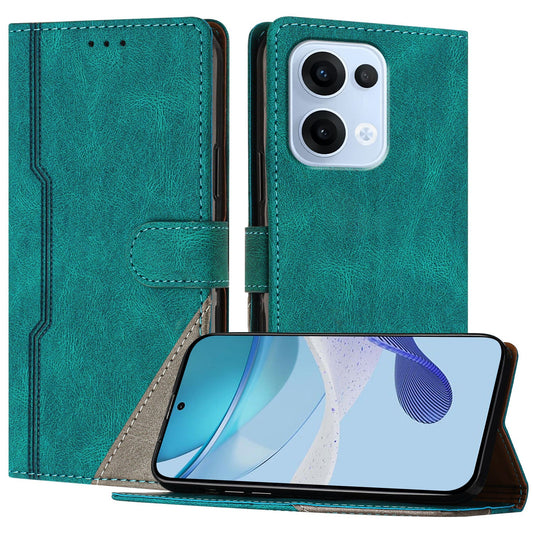 For Oppo Reno13 5G (Global) Leather Case Triangle Patchwork Wallet Stand Shockproof Phone Cover - Green