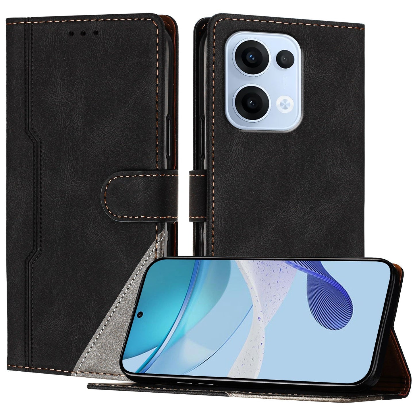 For Oppo Reno13 5G (Global) Leather Case Triangle Patchwork Wallet Stand Shockproof Phone Cover - Black