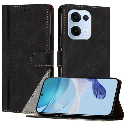 For Oppo Reno13 5G (Global) Leather Case Triangle Patchwork Wallet Stand Shockproof Phone Cover - Black