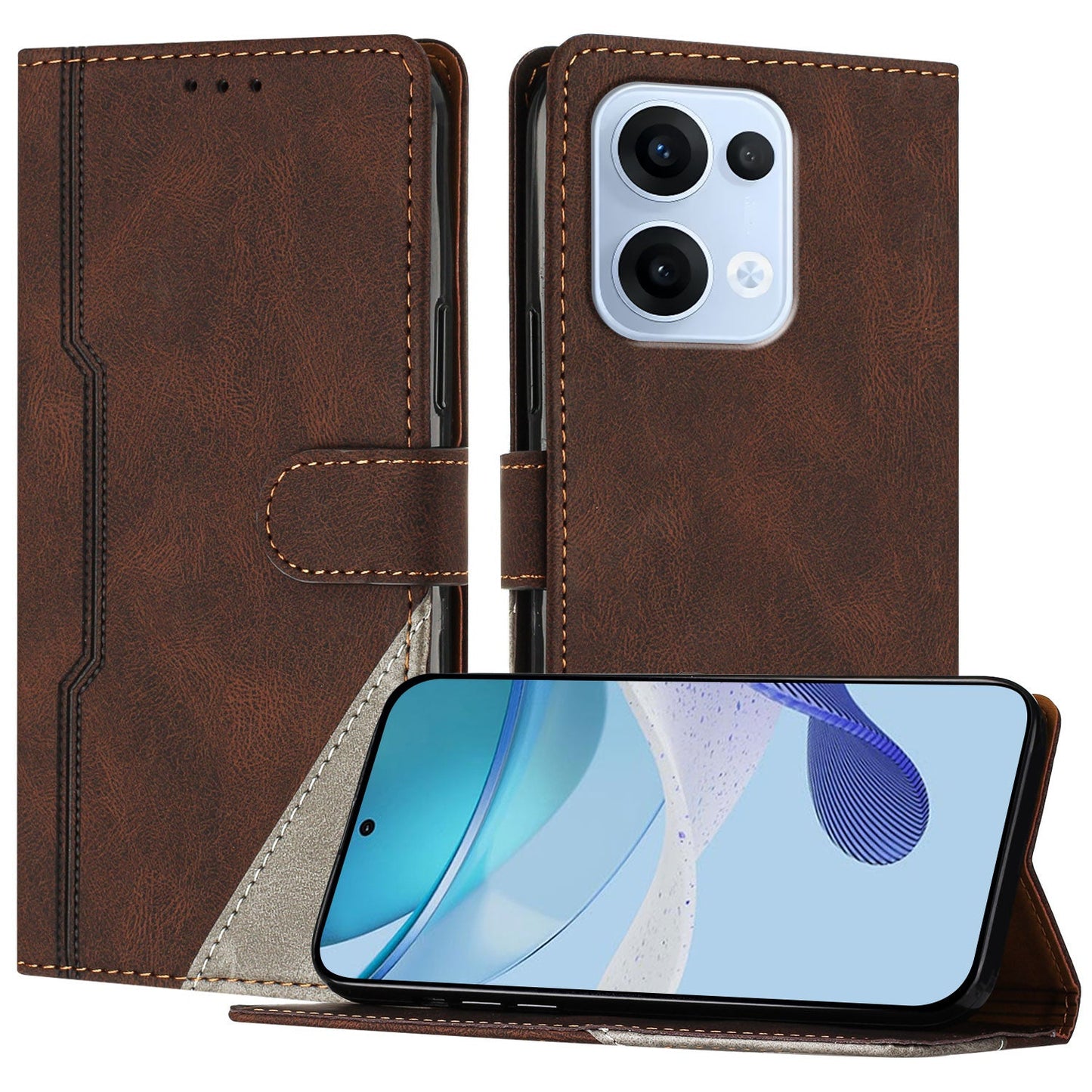 For Oppo Reno13 5G (Global) Leather Case Triangle Patchwork Wallet Stand Shockproof Phone Cover - Brown