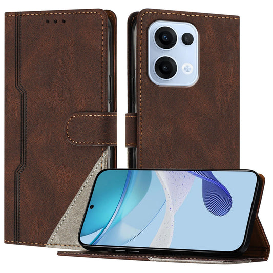 For Oppo Reno13 5G (Global) Leather Case Triangle Patchwork Wallet Stand Shockproof Phone Cover - Brown