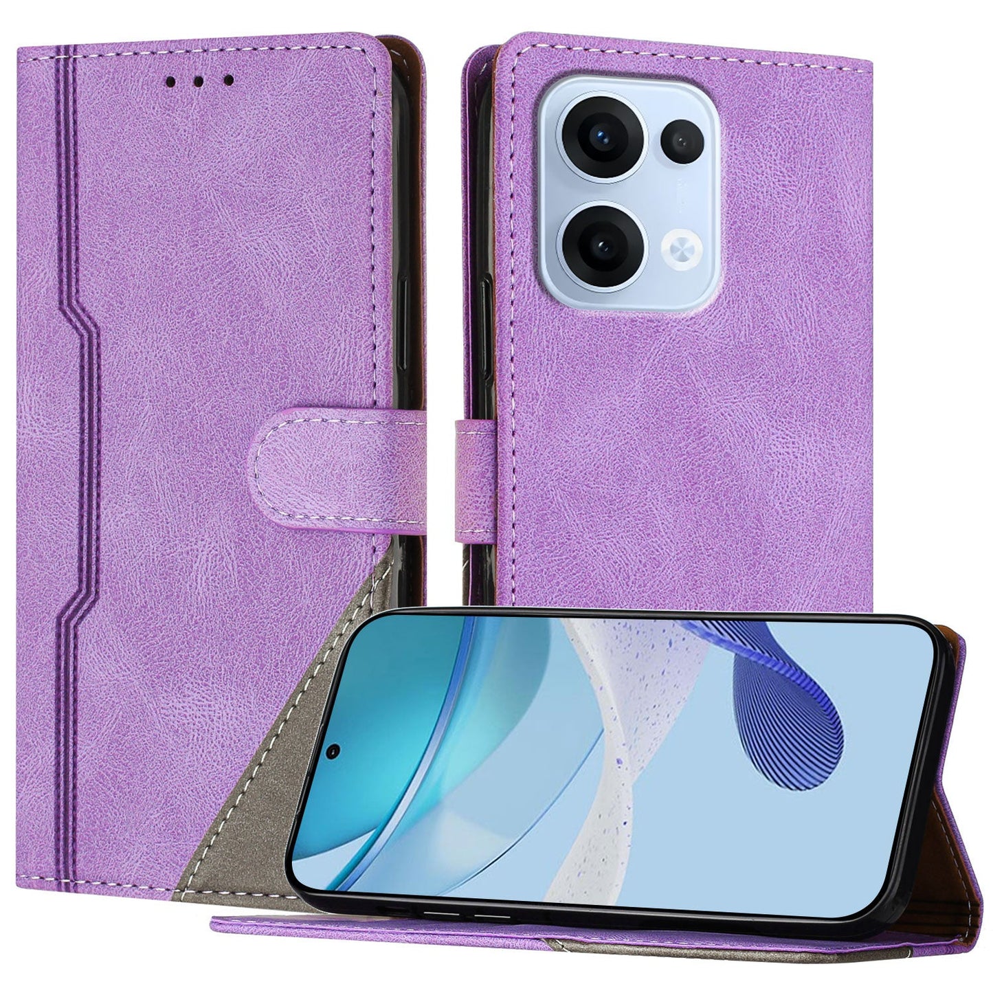 For Oppo Reno13 5G (Global) Leather Case Triangle Patchwork Wallet Stand Shockproof Phone Cover - Purple