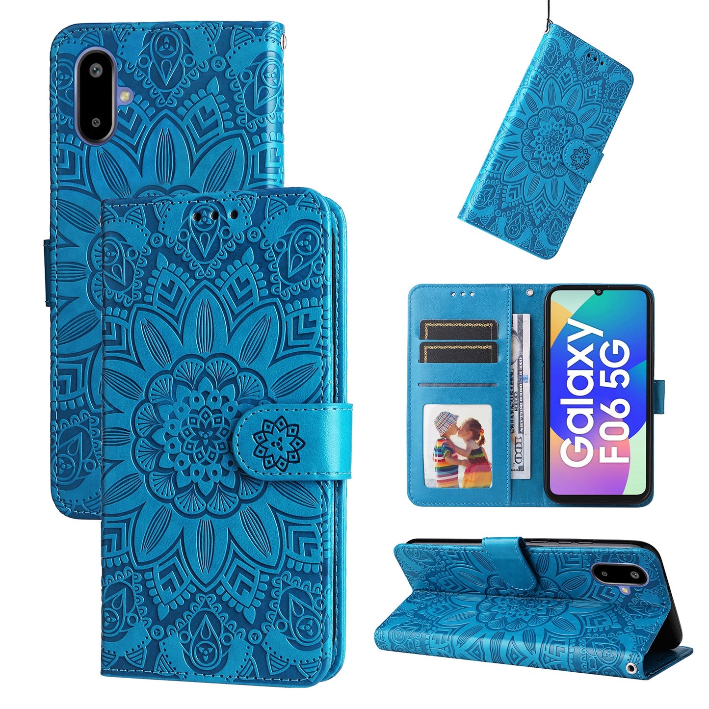 For Samsung Galaxy F06 5G Case Sunflower Imprint Leather Wallet Phone Cover - Blue