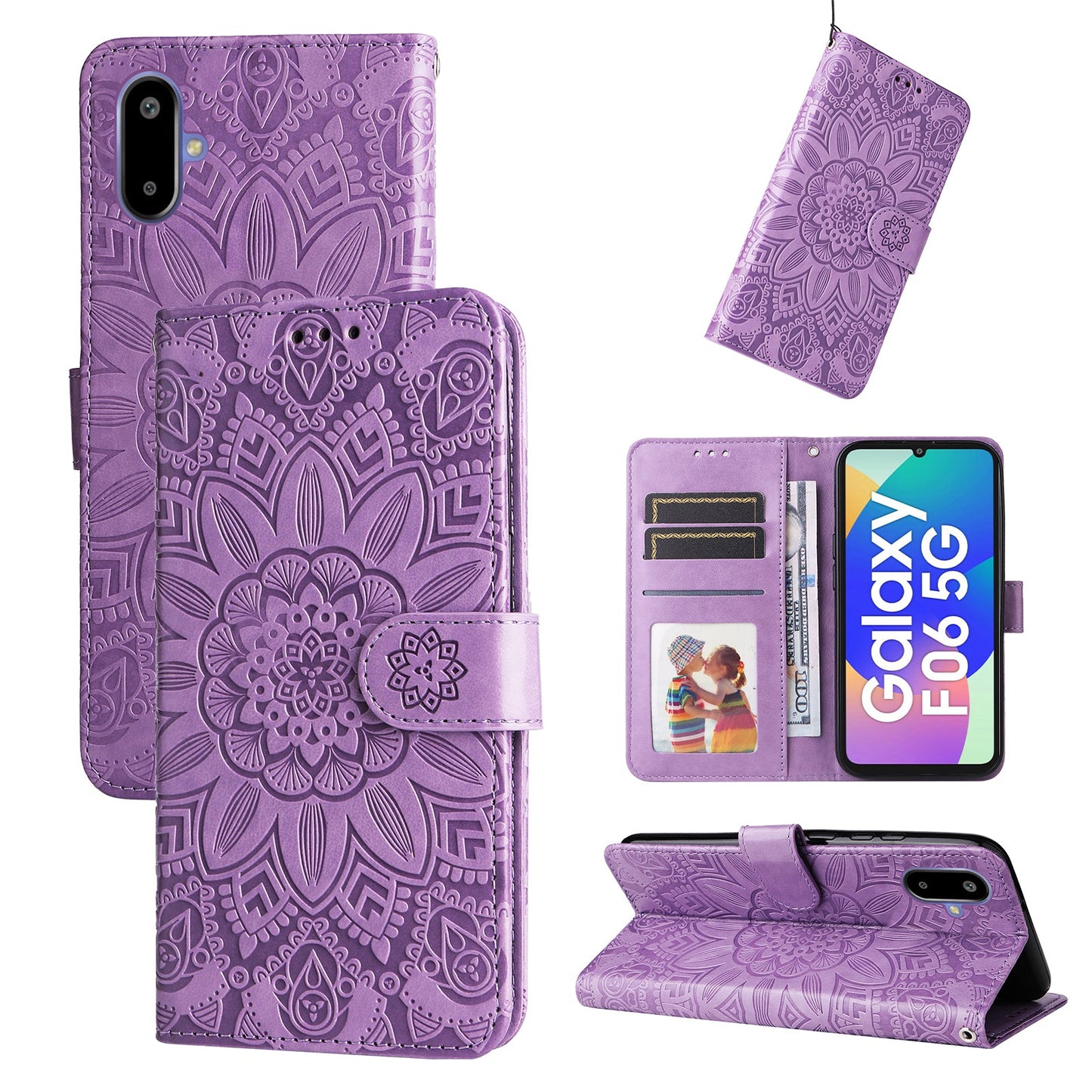 For Samsung Galaxy F06 5G Case Sunflower Imprint Leather Wallet Phone Cover - Purple