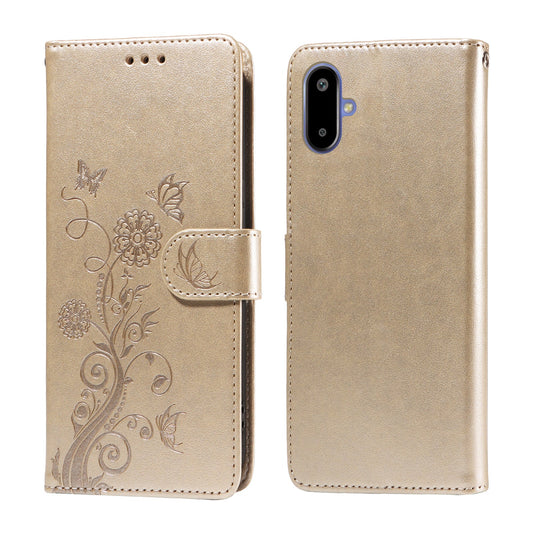 For Samsung Galaxy F06 5G Leather Case Butterfly Floral Imprint Wallet Stand Cover - Golden