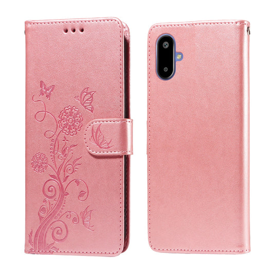 For Samsung Galaxy F06 5G Leather Case Butterfly Floral Imprint Wallet Stand Cover - Pink