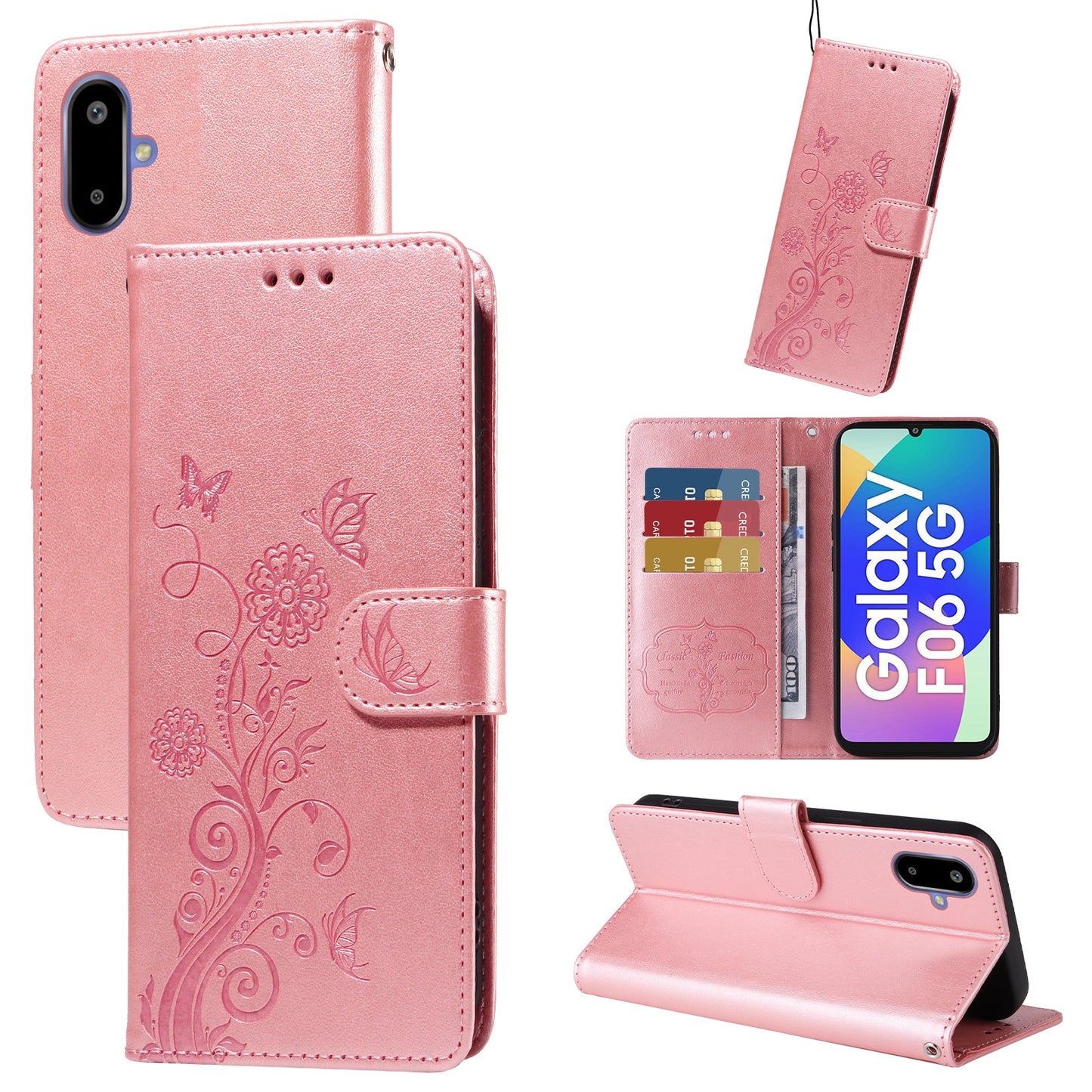 For Samsung Galaxy F06 5G Leather Case Butterfly Floral Imprint Wallet Stand Cover - Pink
