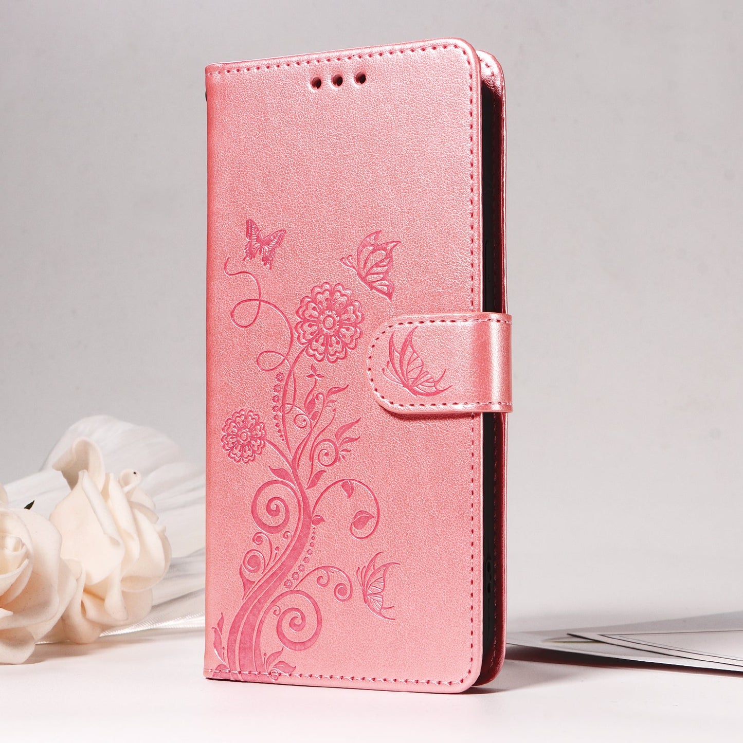 For Samsung Galaxy F06 5G Leather Case Butterfly Floral Imprint Wallet Stand Cover - Pink