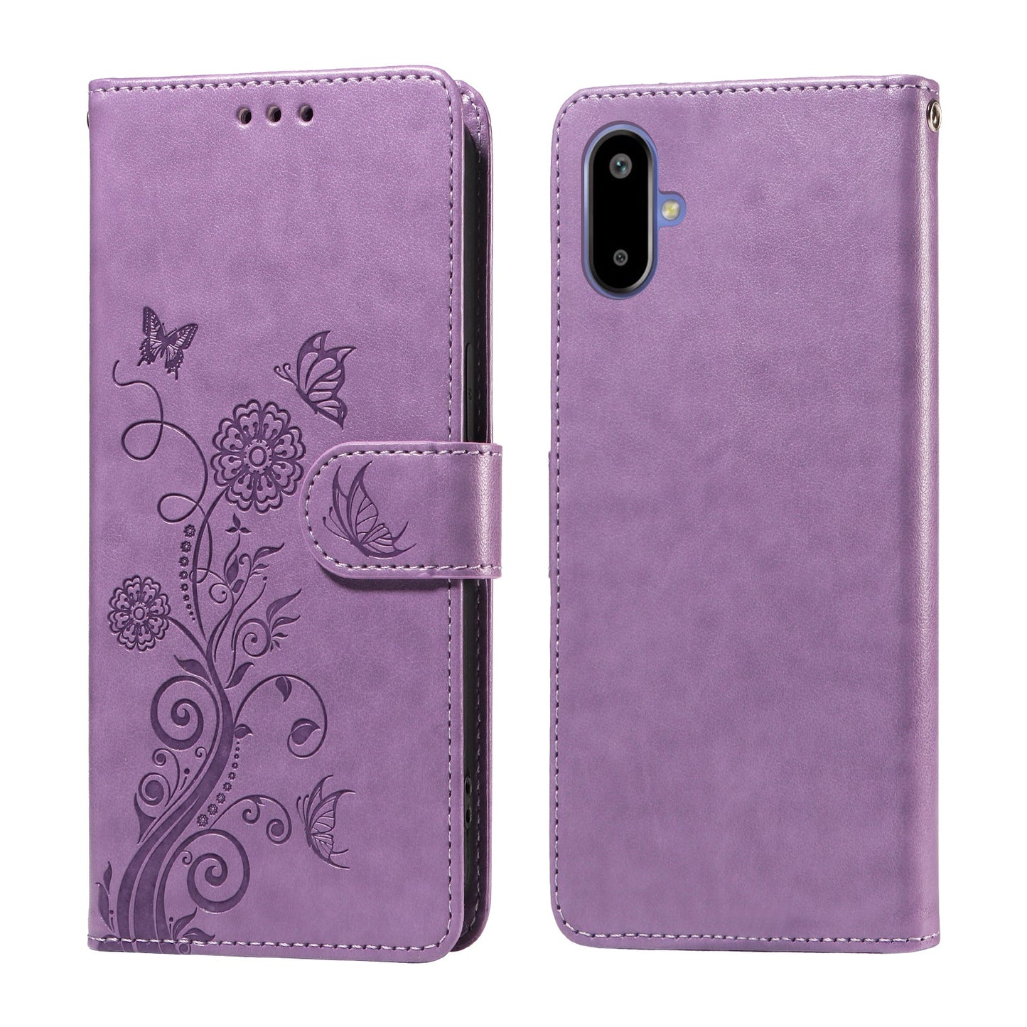 For Samsung Galaxy F06 5G Leather Case Butterfly Floral Imprint Wallet Stand Cover - Purple