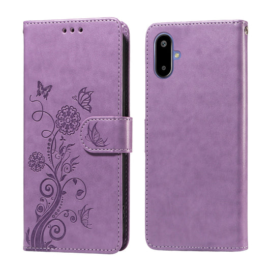 For Samsung Galaxy F06 5G Leather Case Butterfly Floral Imprint Wallet Stand Cover - Purple