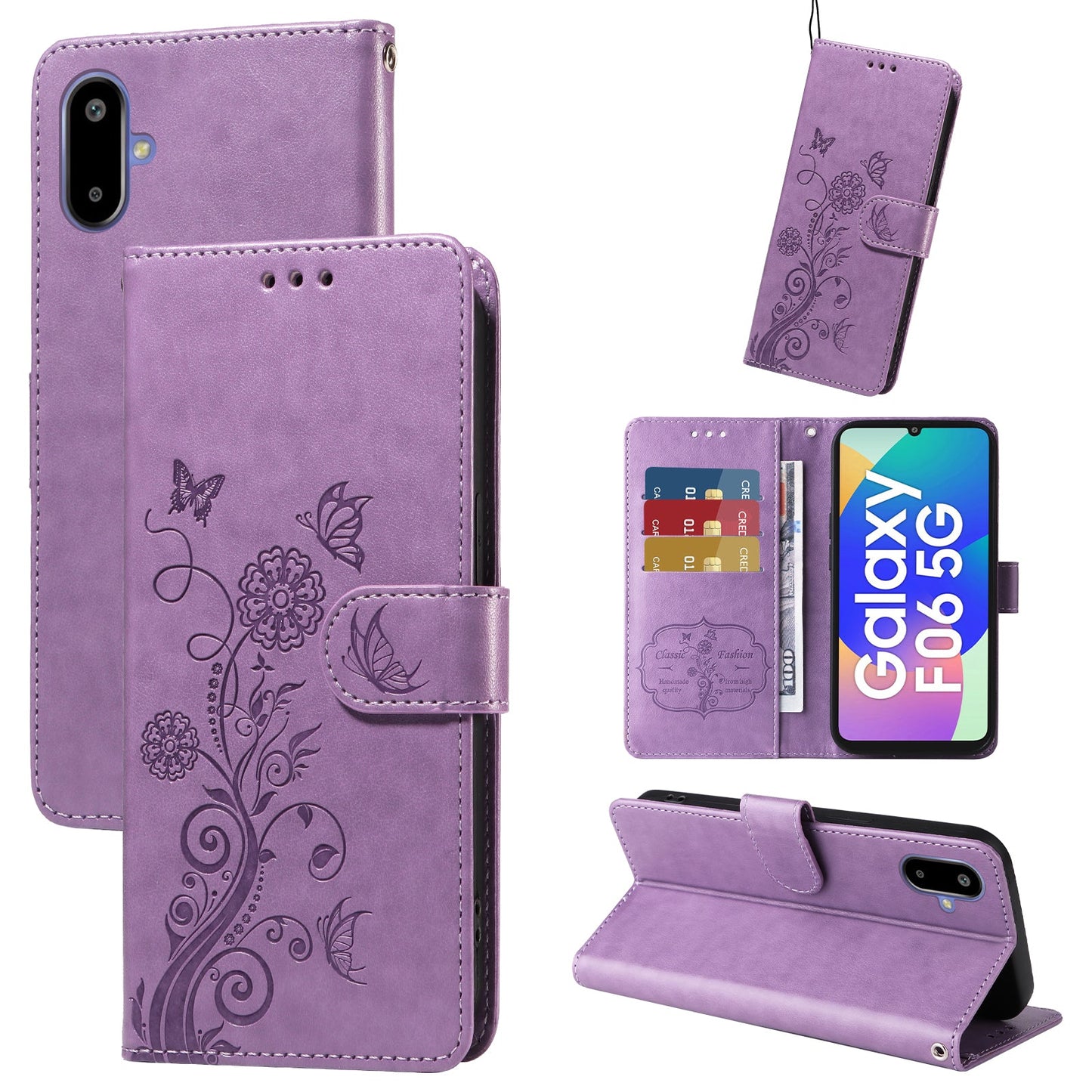 For Samsung Galaxy F06 5G Leather Case Butterfly Floral Imprint Wallet Stand Cover - Purple
