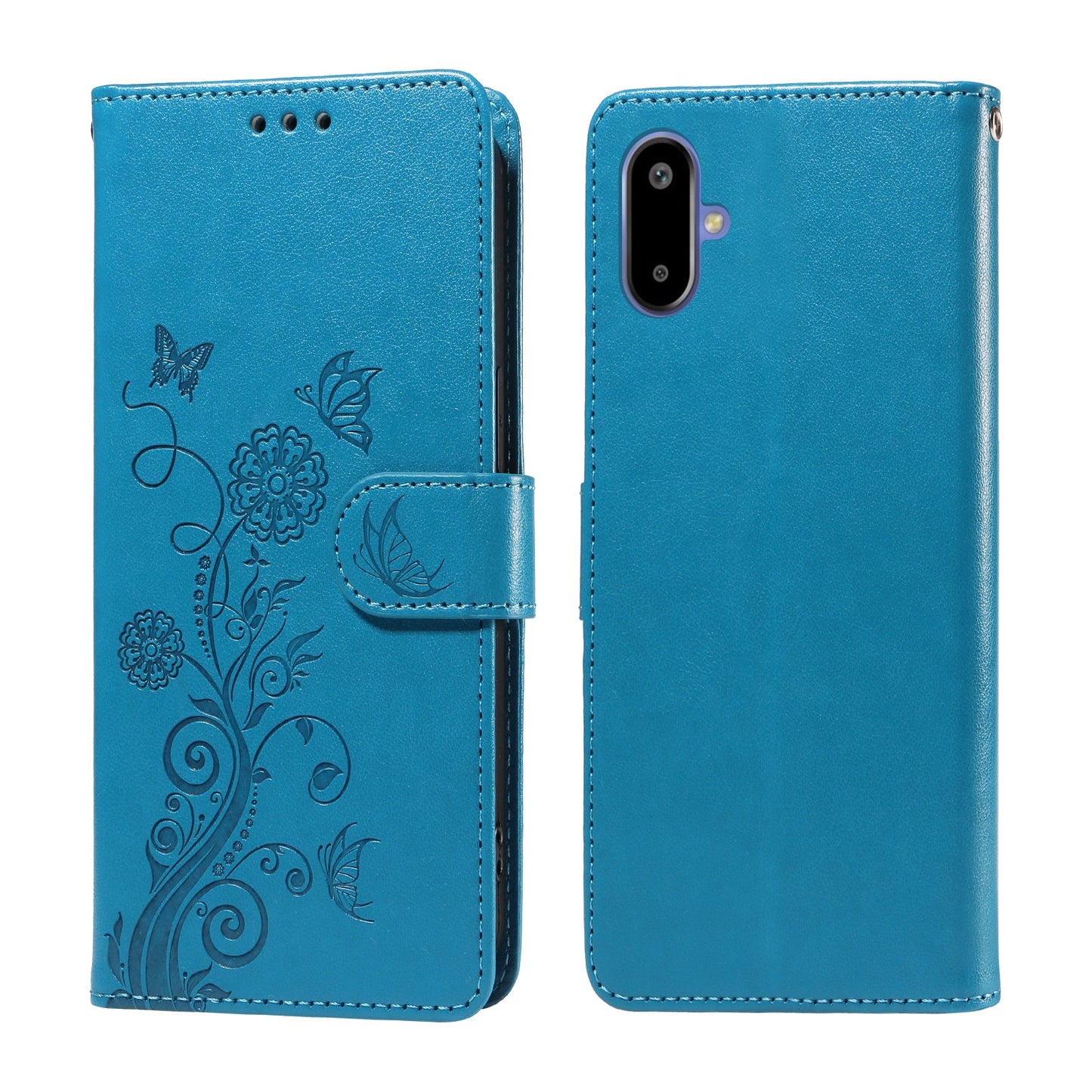 For Samsung Galaxy F06 5G Leather Case Butterfly Floral Imprint Wallet Stand Cover - Blue