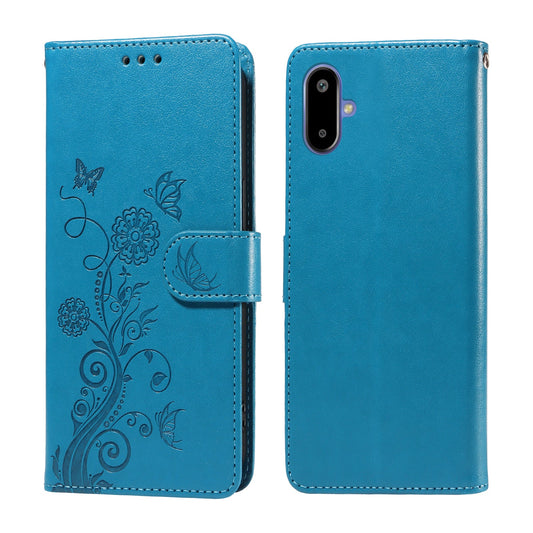 For Samsung Galaxy F06 5G Leather Case Butterfly Floral Imprint Wallet Stand Cover - Blue