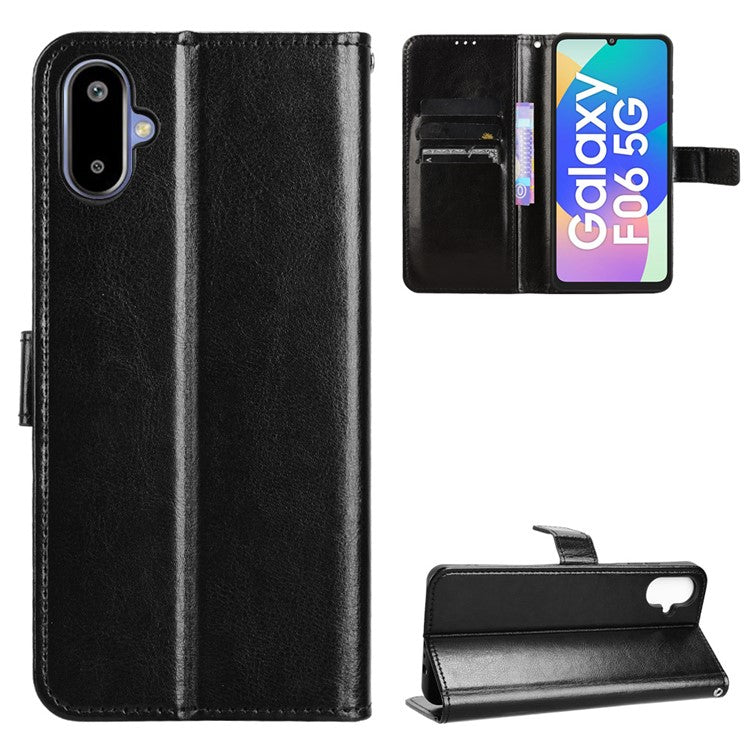 For Samsung Galaxy F06 5G  /  M06 5G Case Crazy Horse Texture PU Leather Phone Wallet Cover - Black