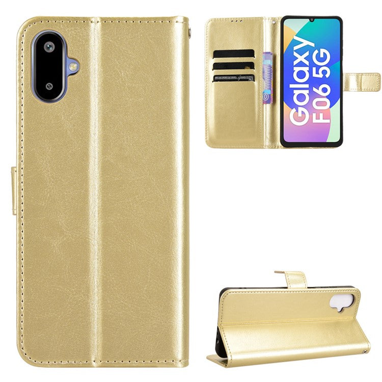 For Samsung Galaxy F06 5G  /  M06 5G Case Crazy Horse Texture PU Leather Phone Wallet Cover - Gold