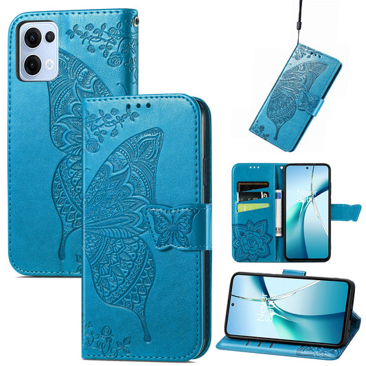 For Oppo Reno13 5G (Global) Case with Strap Butterfly Pattern PU Leather Wallet Phone Cover - Blue