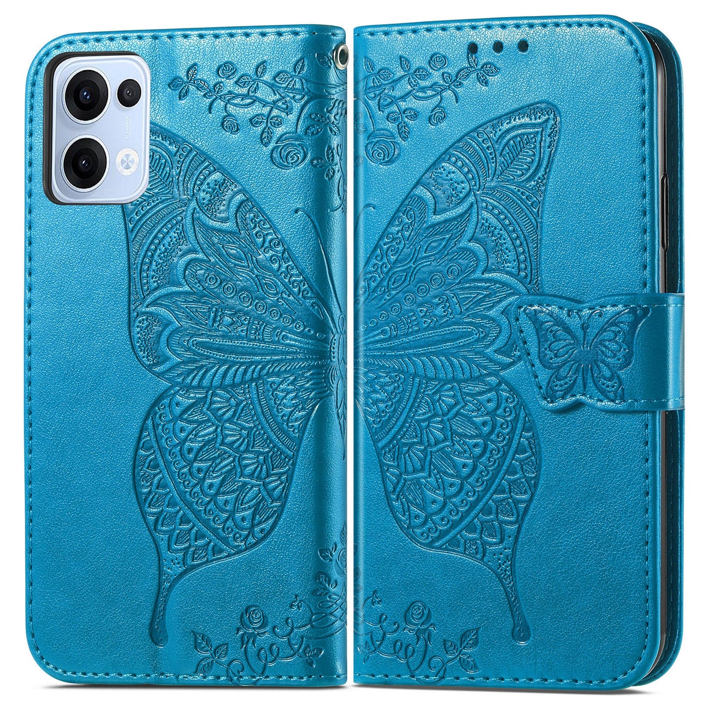 For Oppo Reno13 5G (Global) Case with Strap Butterfly Pattern PU Leather Wallet Phone Cover - Blue