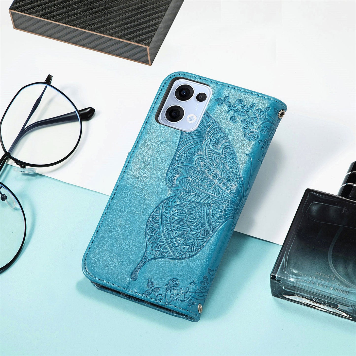 For Oppo Reno13 5G (Global) Case with Strap Butterfly Pattern PU Leather Wallet Phone Cover - Blue