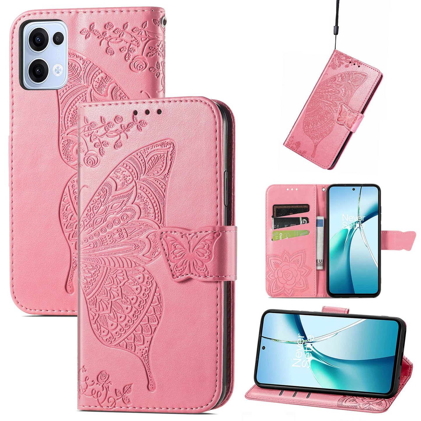 For Oppo Reno13 5G (Global) Case with Strap Butterfly Pattern PU Leather Wallet Phone Cover - Pink