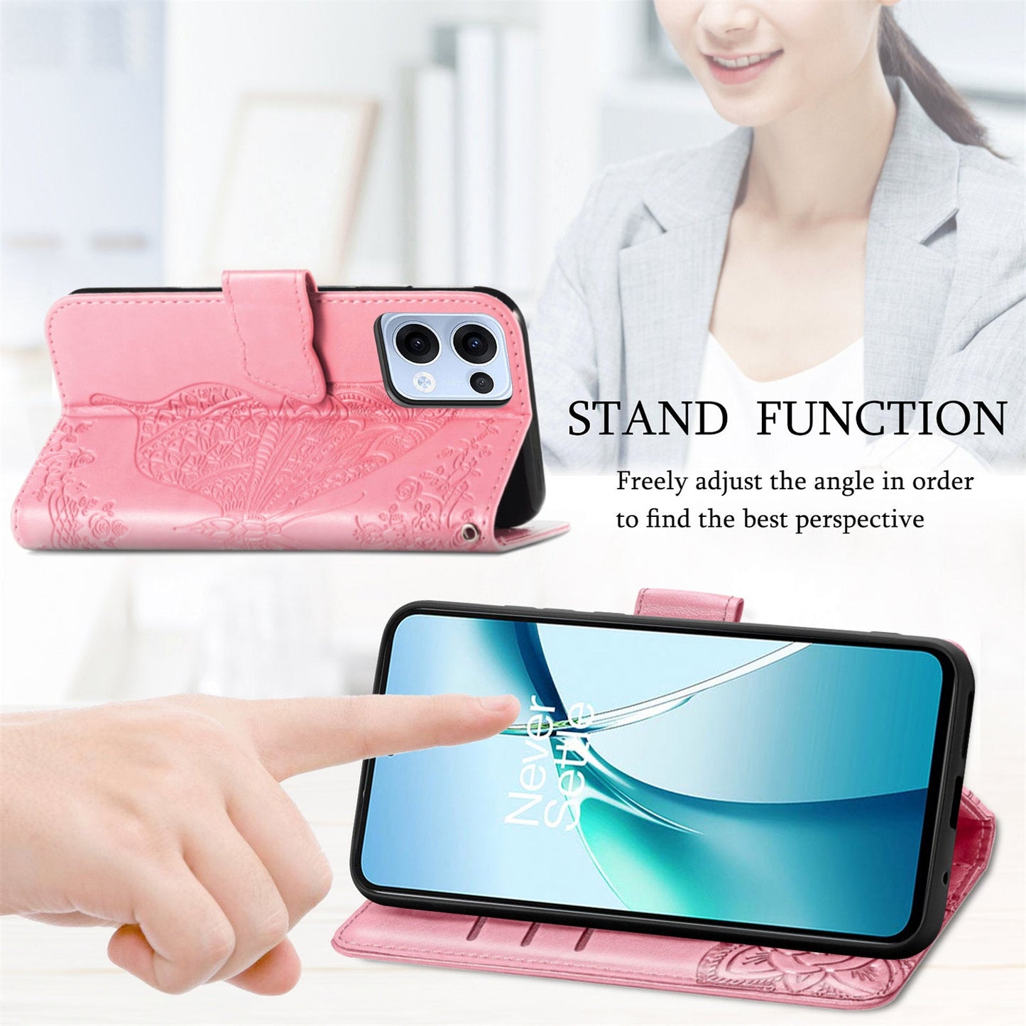 For Oppo Reno13 5G (Global) Case with Strap Butterfly Pattern PU Leather Wallet Phone Cover - Pink