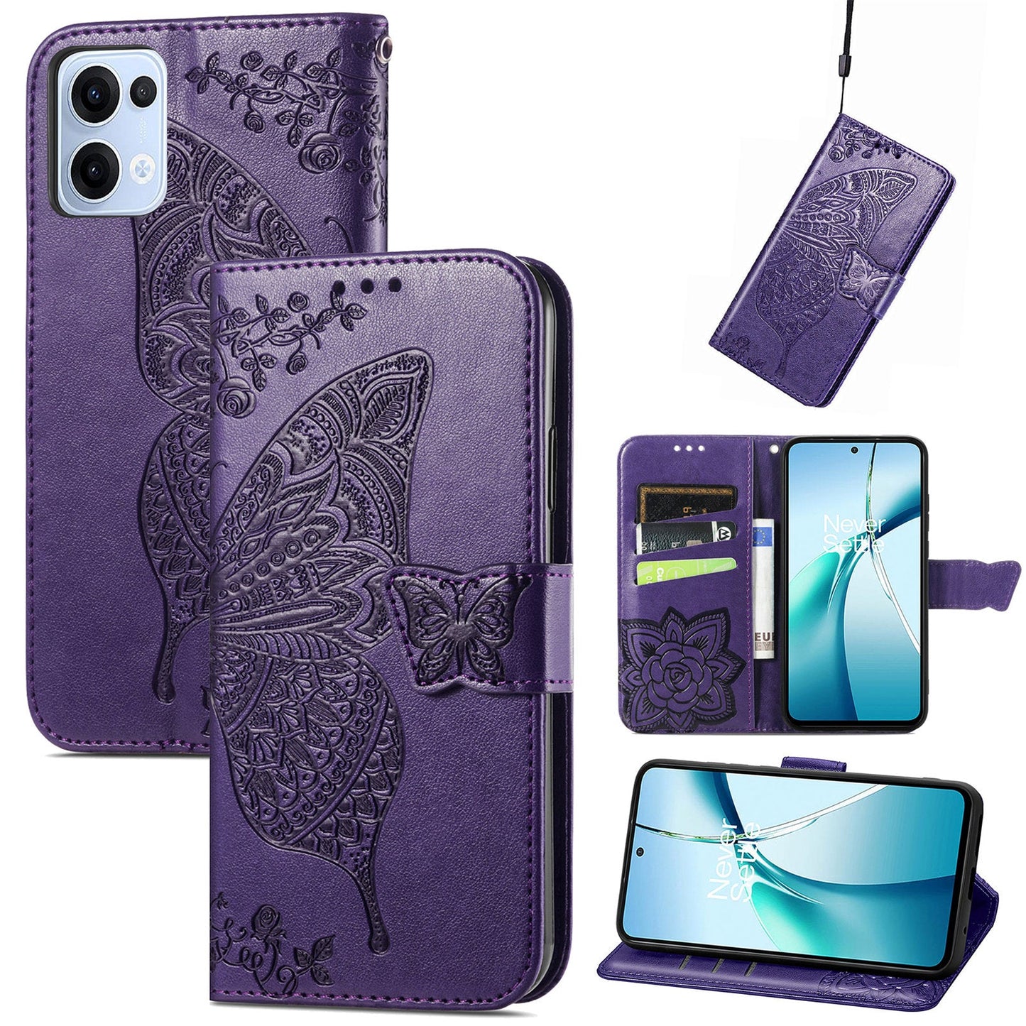 For Oppo Reno13 5G (Global) Case with Strap Butterfly Pattern PU Leather Wallet Phone Cover - Dark Purple