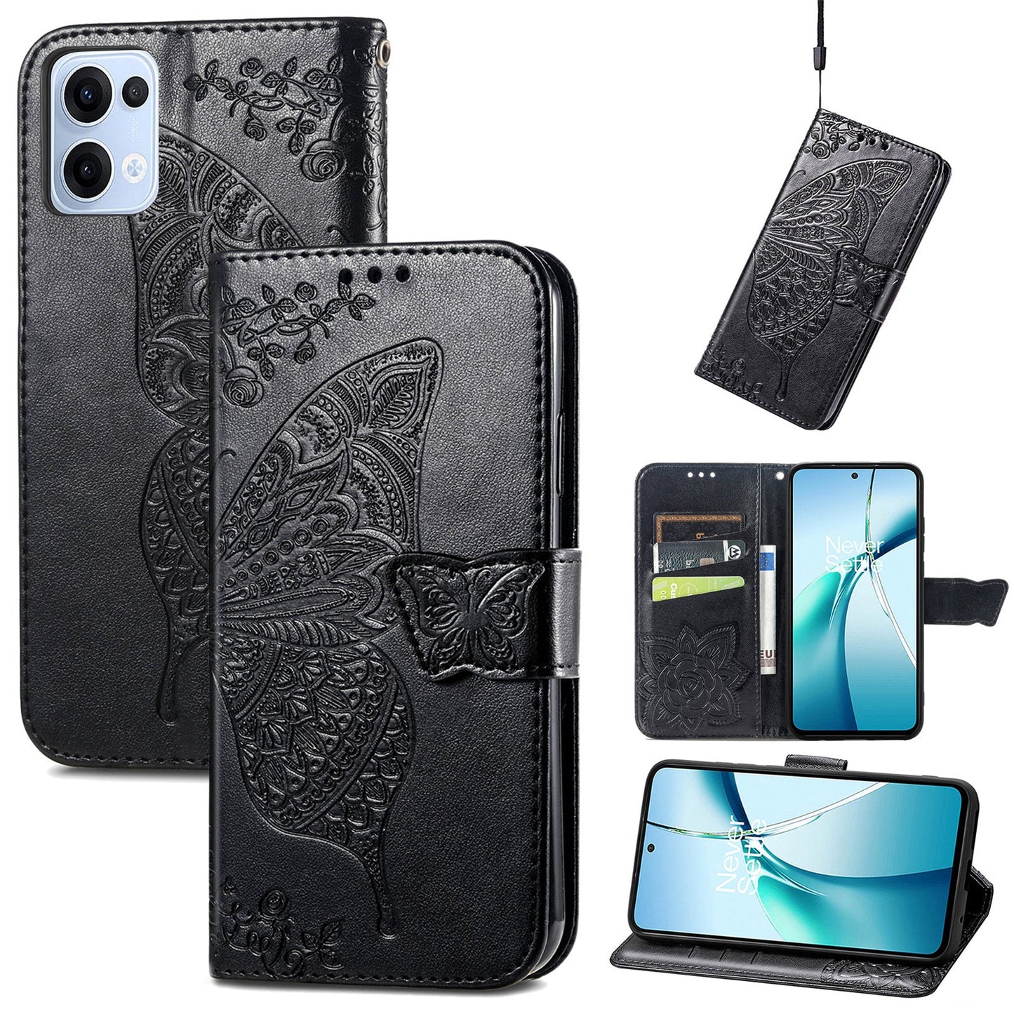 For Oppo Reno13 5G (Global) Case with Strap Butterfly Pattern PU Leather Wallet Phone Cover - Black