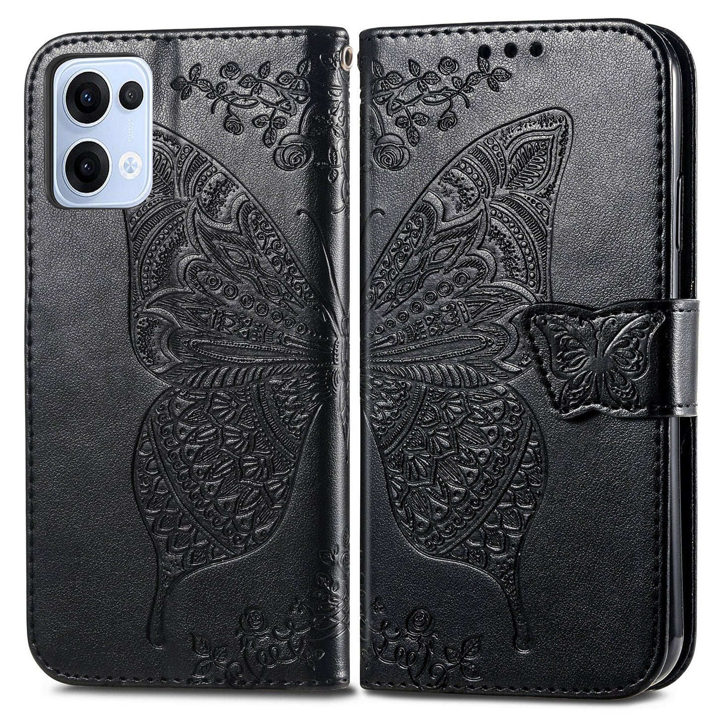 For Oppo Reno13 5G (Global) Case with Strap Butterfly Pattern PU Leather Wallet Phone Cover - Black