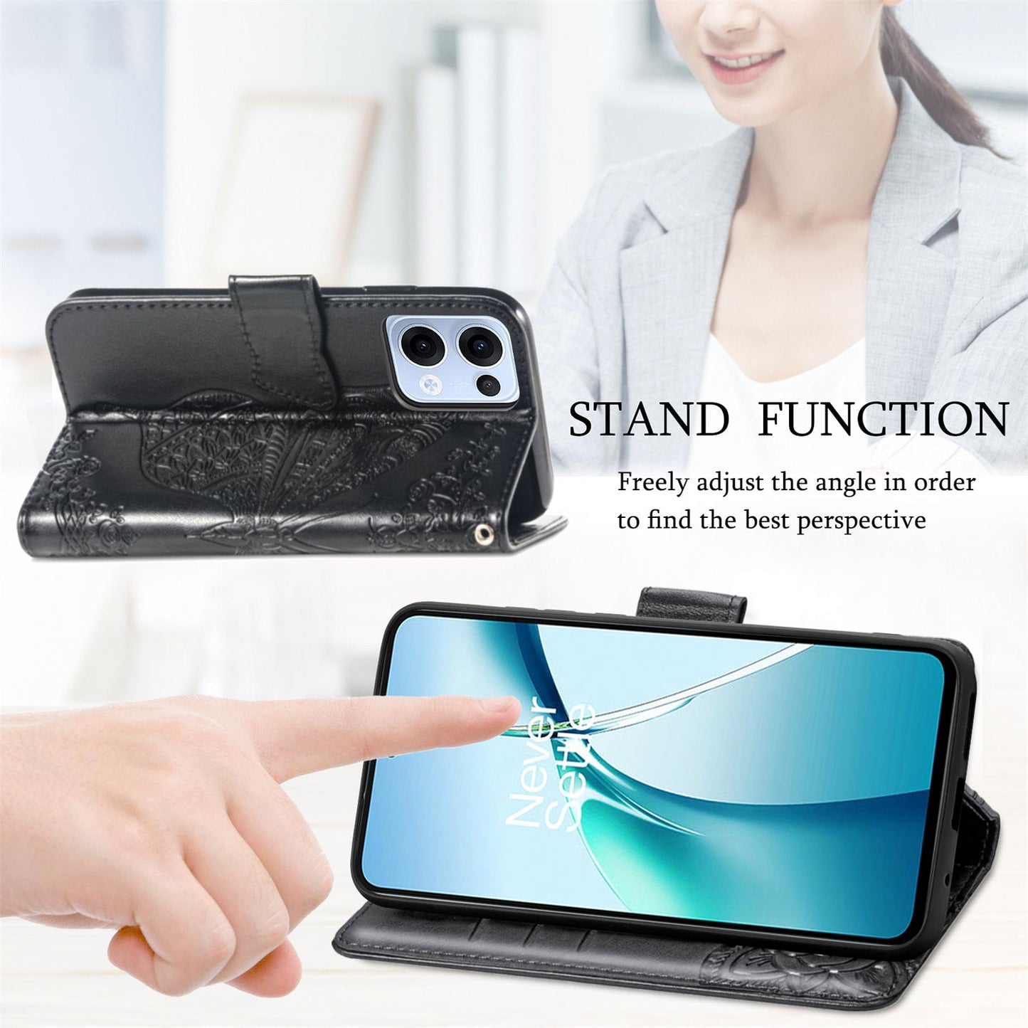 For Oppo Reno13 5G (Global) Case with Strap Butterfly Pattern PU Leather Wallet Phone Cover - Black