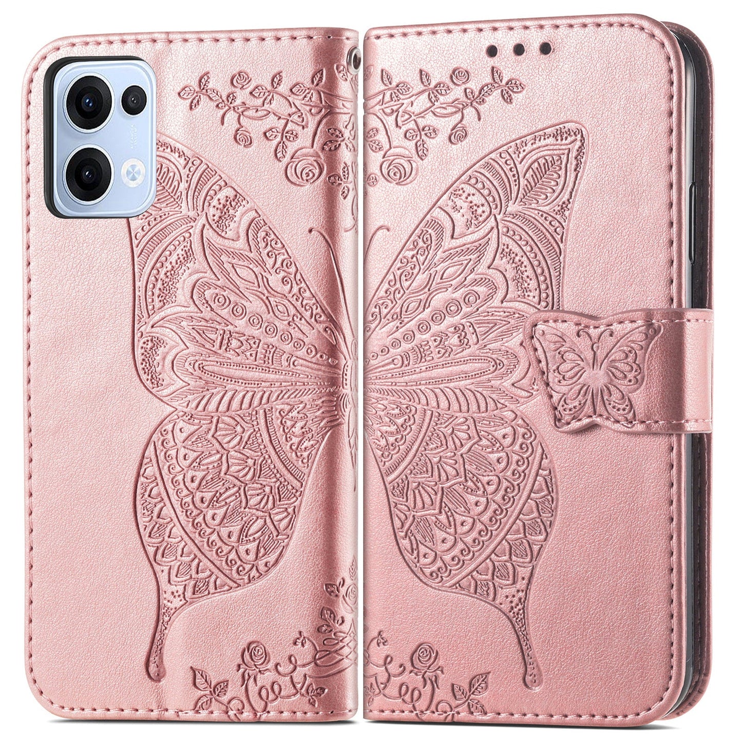 For Oppo Reno13 5G (Global) Case with Strap Butterfly Pattern PU Leather Wallet Phone Cover - Rose Gold