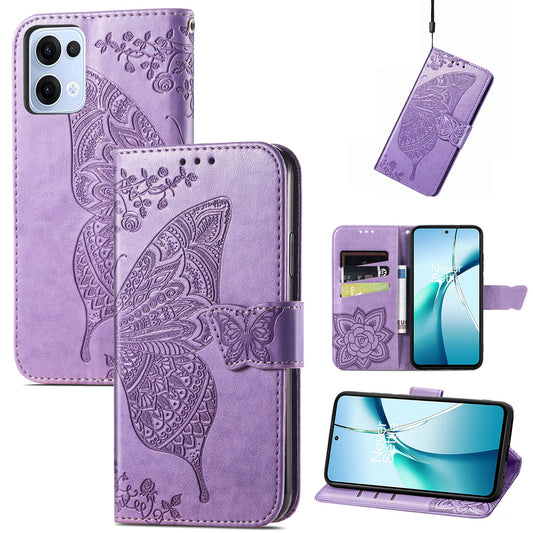 For Oppo Reno13 5G (Global) Case with Strap Butterfly Pattern PU Leather Wallet Phone Cover - Light Purple