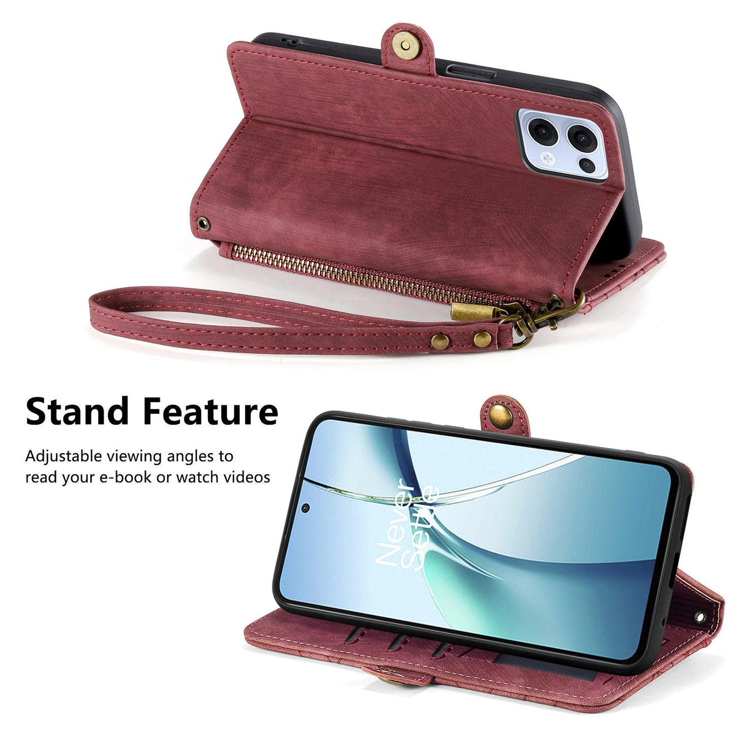 For Oppo Reno13 5G (Global) Zipper Wallet Case Geometry Lines Leather Phone Cover with Strap - Red