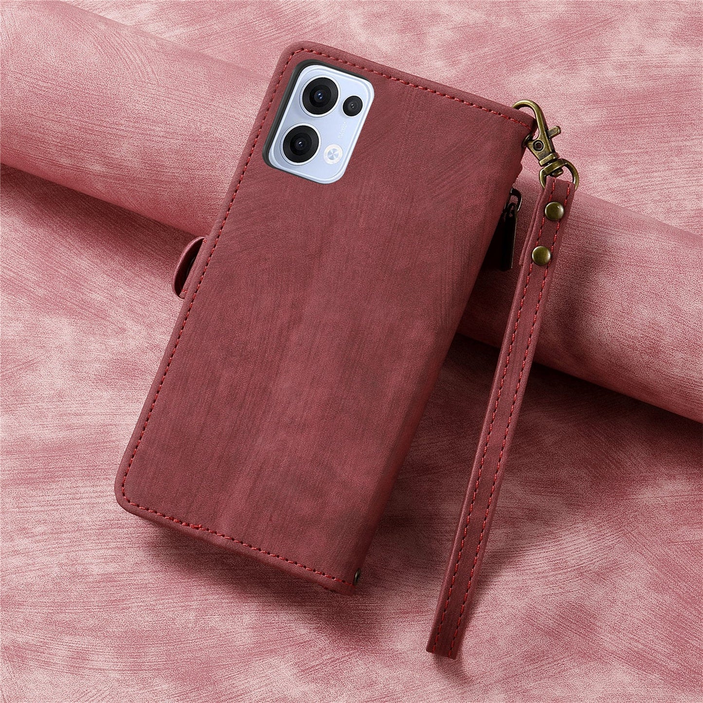For Oppo Reno13 5G (Global) Zipper Wallet Case Geometry Lines Leather Phone Cover with Strap - Red