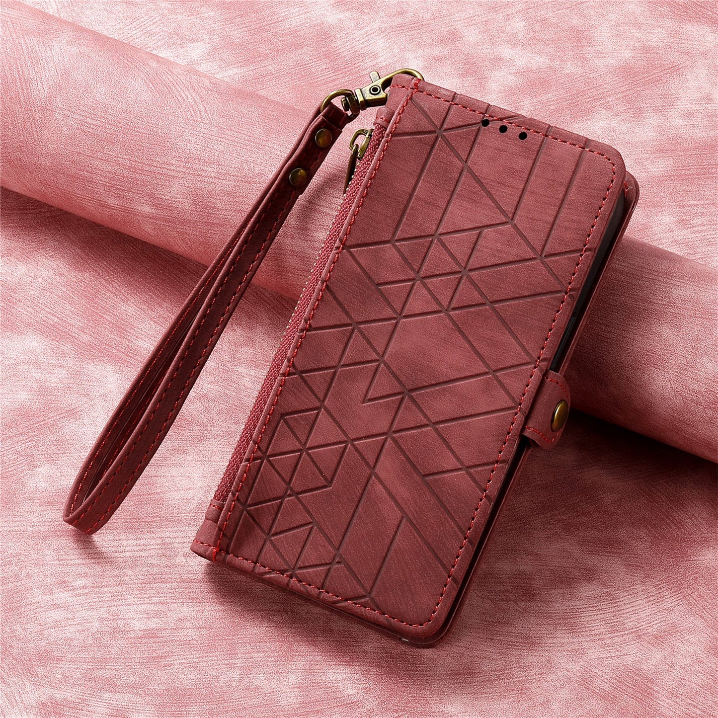 For Oppo Reno13 5G (Global) Zipper Wallet Case Geometry Lines Leather Phone Cover with Strap - Red