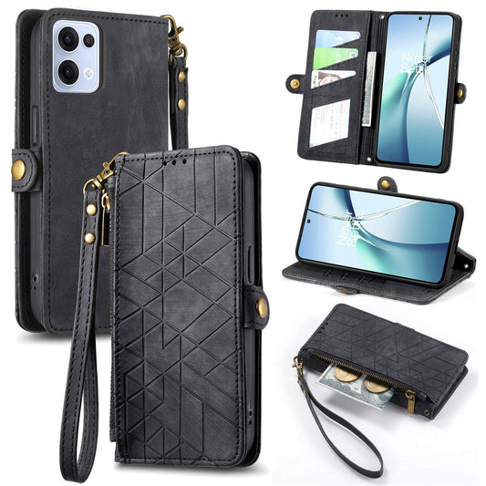 For Oppo Reno13 5G (Global) Zipper Wallet Case Geometry Lines Leather Phone Cover with Strap - Black