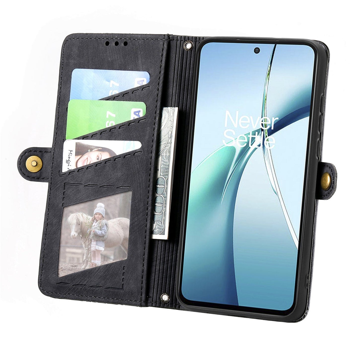 For Oppo Reno13 5G (Global) Zipper Wallet Case Geometry Lines Leather Phone Cover with Strap - Black
