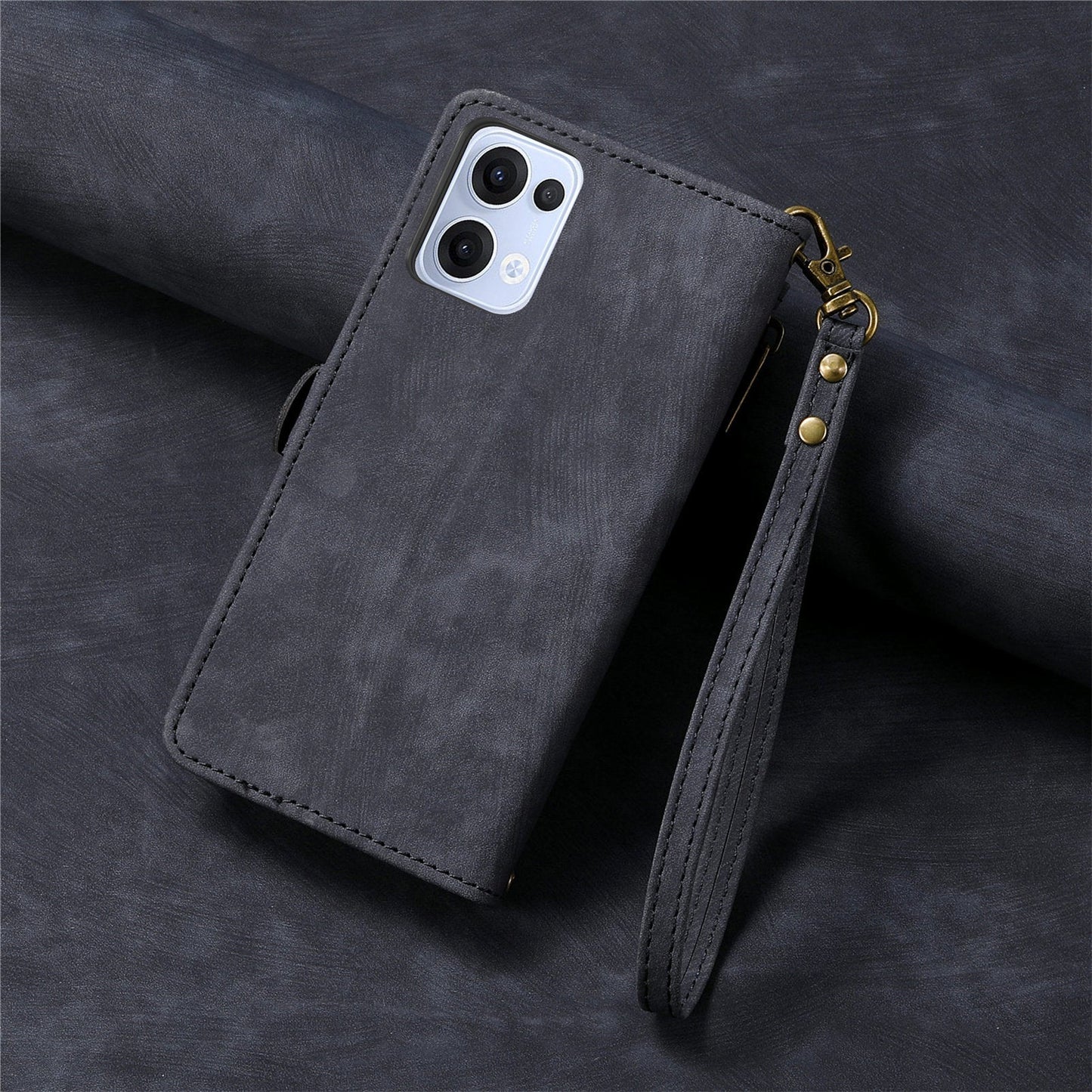 For Oppo Reno13 5G (Global) Zipper Wallet Case Geometry Lines Leather Phone Cover with Strap - Black