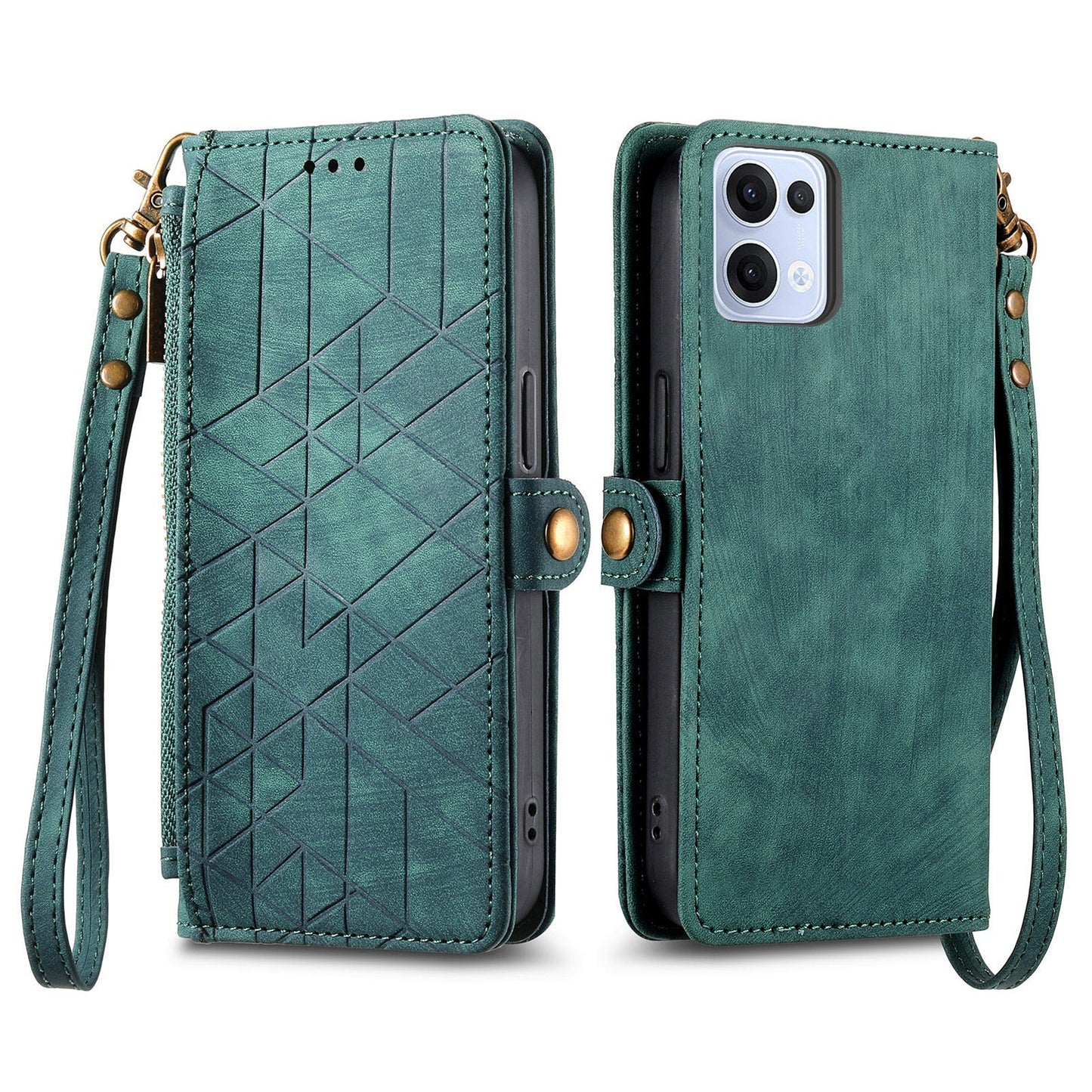 For Oppo Reno13 5G (Global) Zipper Wallet Case Geometry Lines Leather Phone Cover with Strap - Green