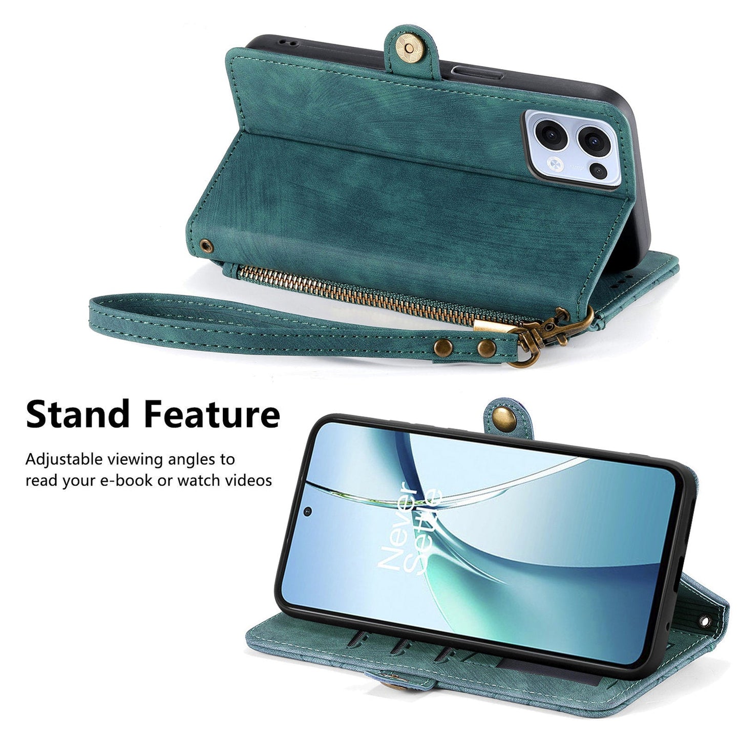 For Oppo Reno13 5G (Global) Zipper Wallet Case Geometry Lines Leather Phone Cover with Strap - Green