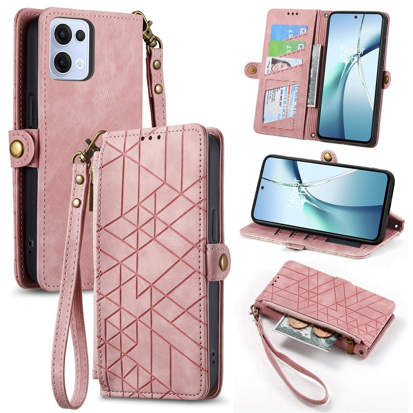 For Oppo Reno13 5G (Global) Zipper Wallet Case Geometry Lines Leather Phone Cover with Strap - Pink