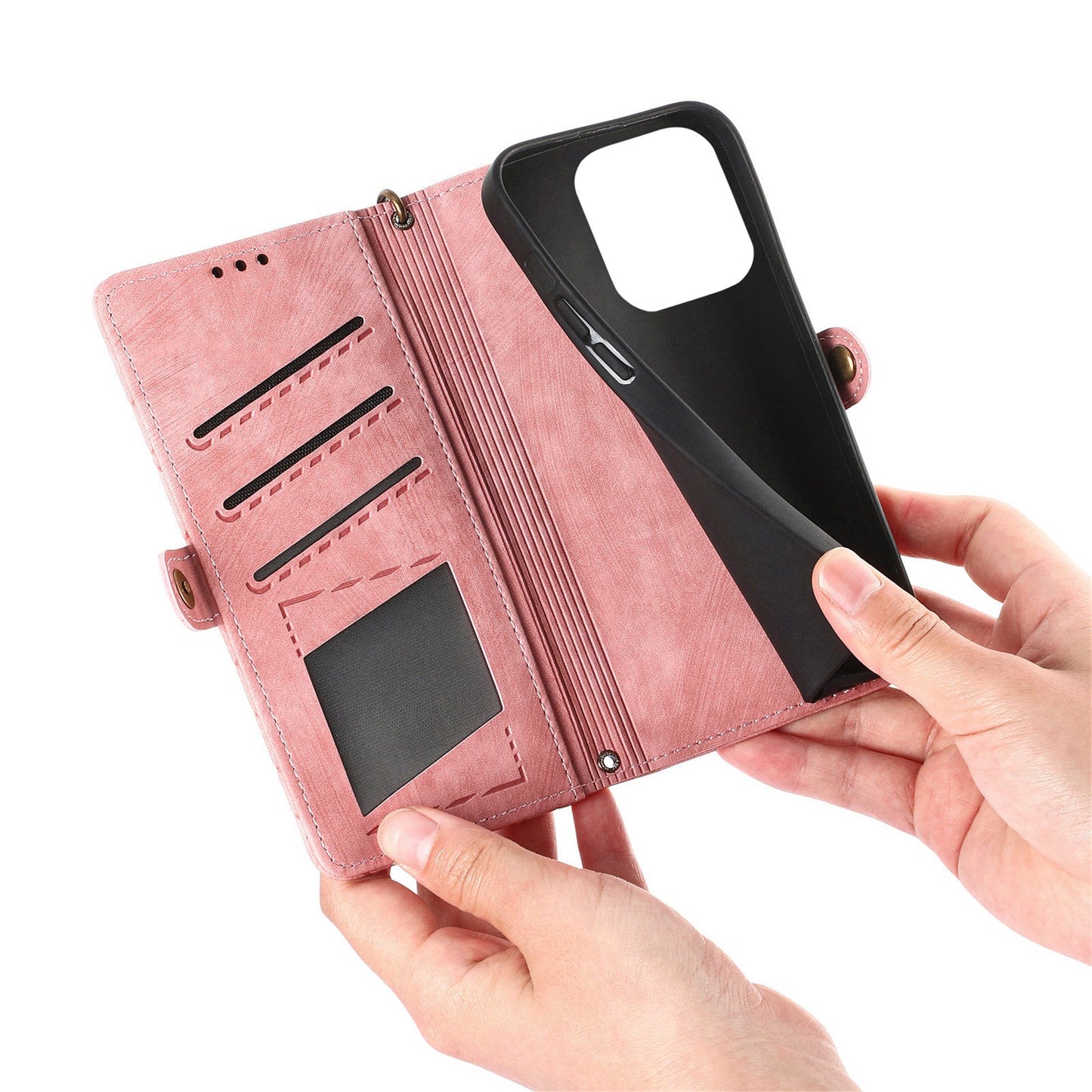 For Oppo Reno13 5G (Global) Zipper Wallet Case Geometry Lines Leather Phone Cover with Strap - Pink