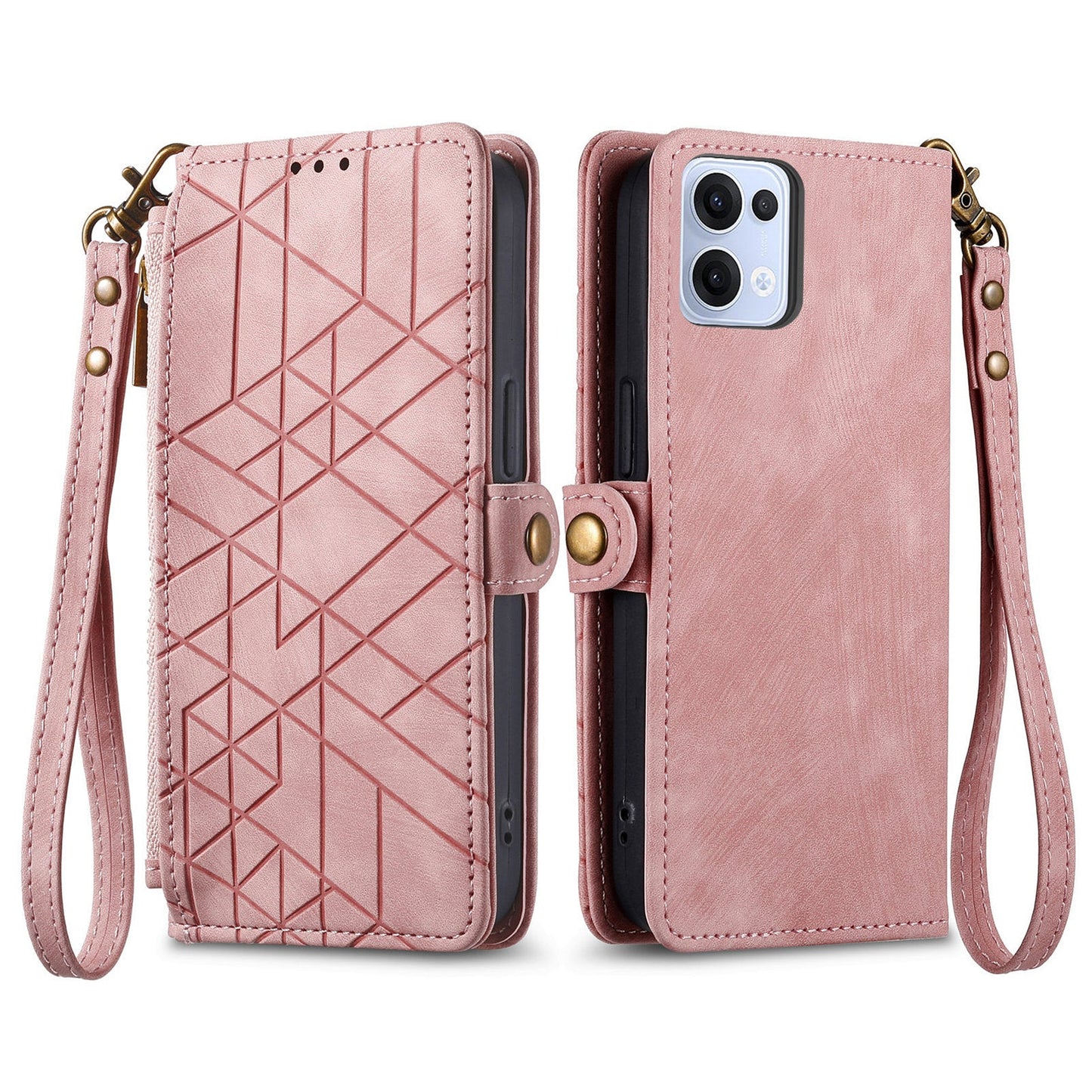 For Oppo Reno13 5G (Global) Zipper Wallet Case Geometry Lines Leather Phone Cover with Strap - Pink