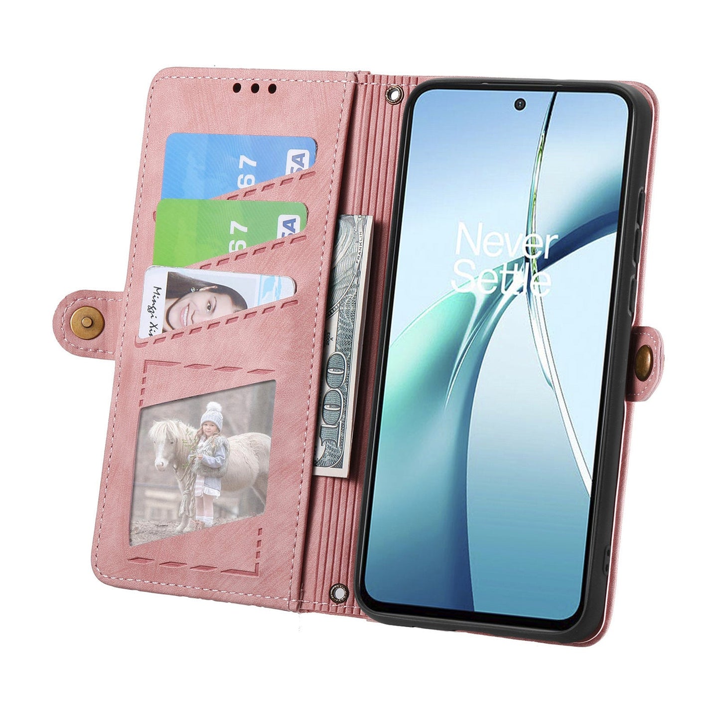 For Oppo Reno13 5G (Global) Zipper Wallet Case Geometry Lines Leather Phone Cover with Strap - Pink