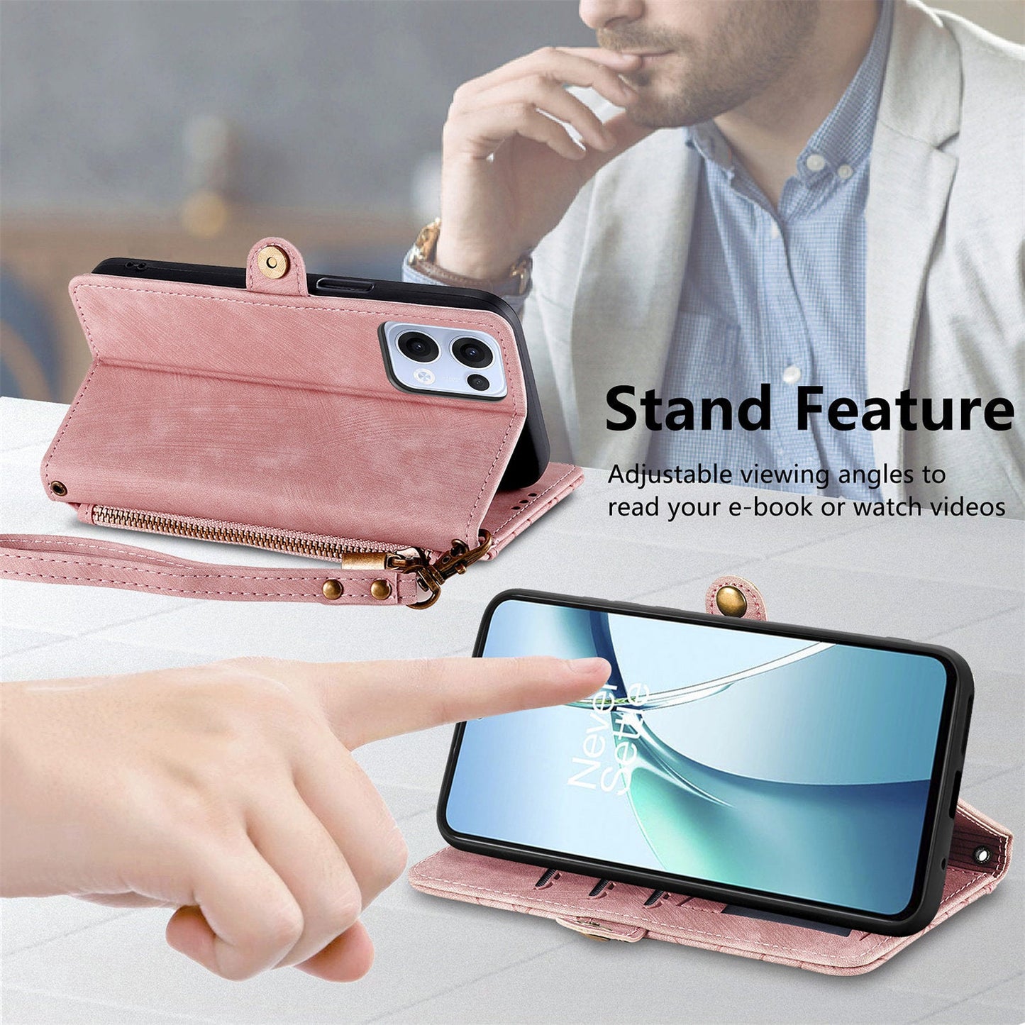 For Oppo Reno13 5G (Global) Zipper Wallet Case Geometry Lines Leather Phone Cover with Strap - Pink