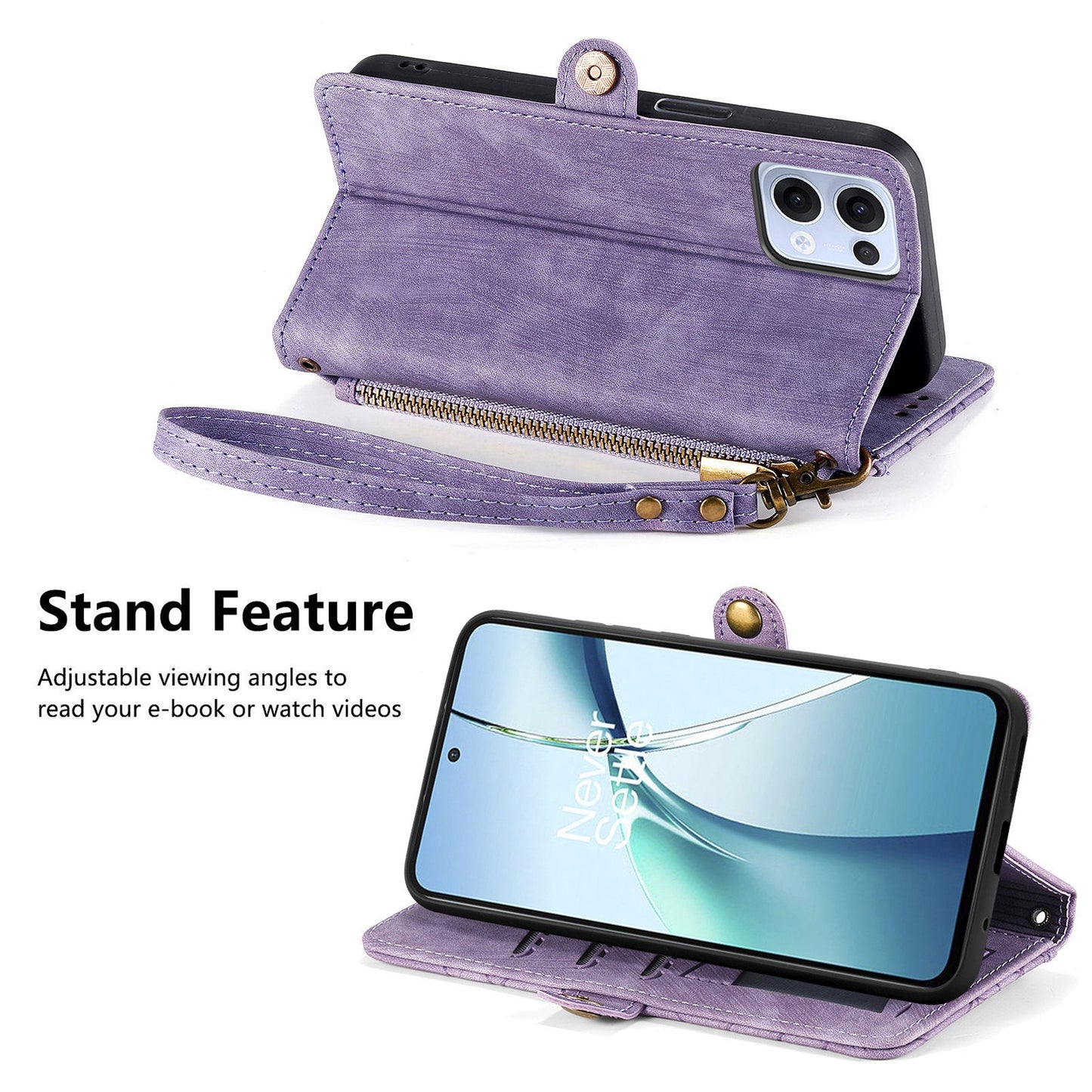 For Oppo Reno13 5G (Global) Zipper Wallet Case Geometry Lines Leather Phone Cover with Strap - Purple