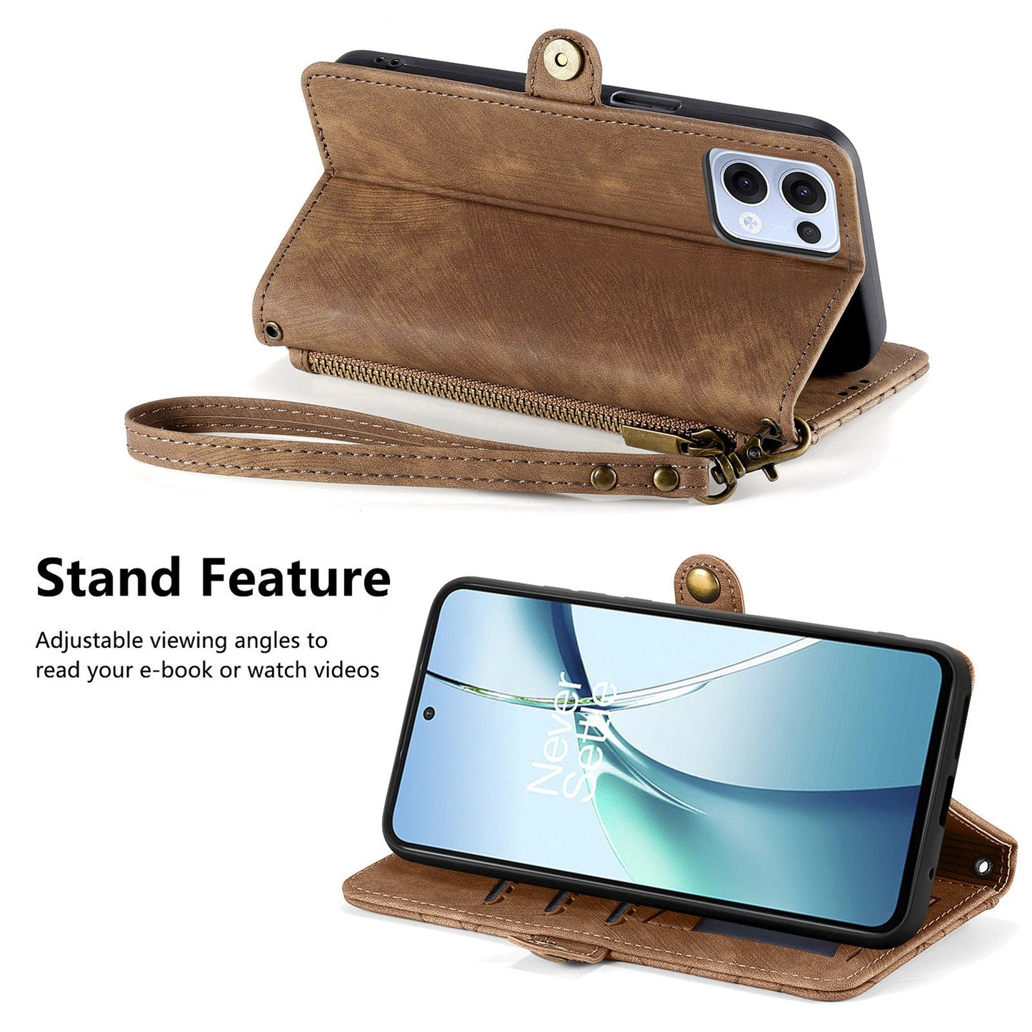 For Oppo Reno13 5G (Global) Zipper Wallet Case Geometry Lines Leather Phone Cover with Strap - Brown