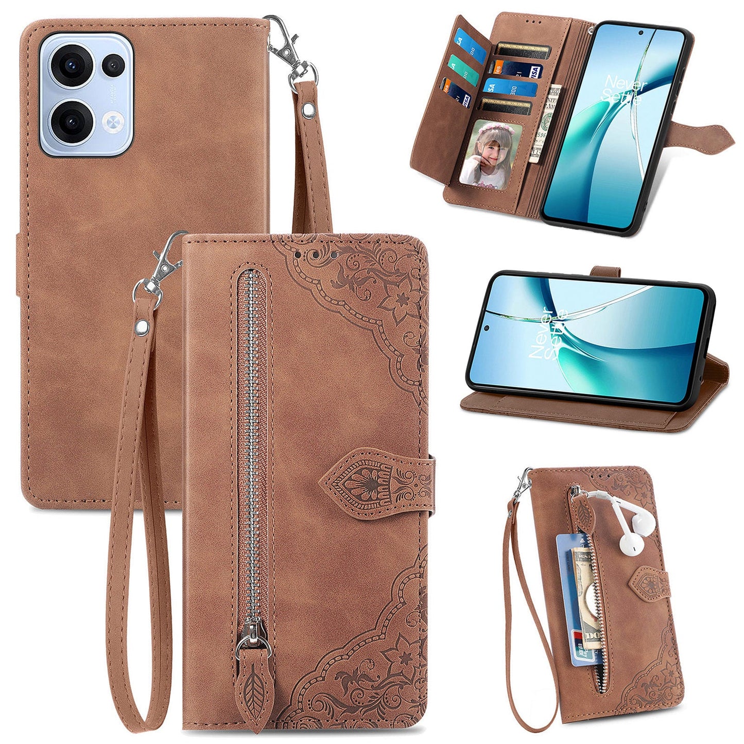 For Oppo Reno13 5G (Global) Zipper Wallet Case with Strap Flower Imprint PU Leather Phone Cover - Brown