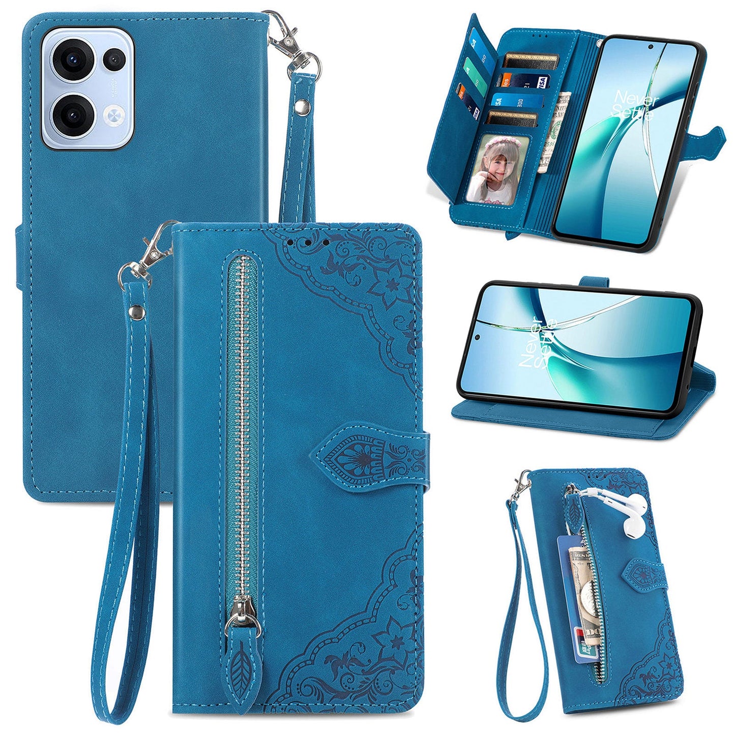 For Oppo Reno13 5G (Global) Zipper Wallet Case with Strap Flower Imprint PU Leather Phone Cover - Blue
